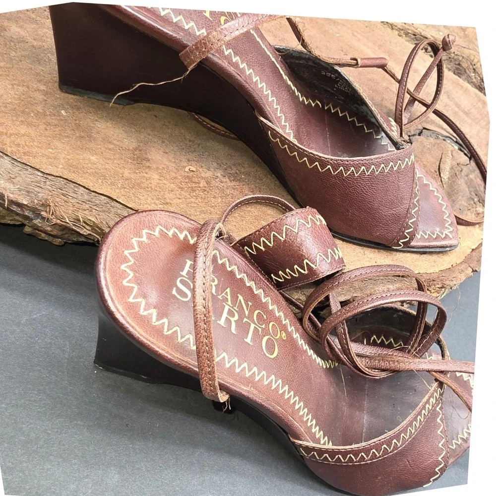 Resort Franco Sarto Wedge Sandals W 7M Brown Leather LaceUp ZigZag Stitch Casual